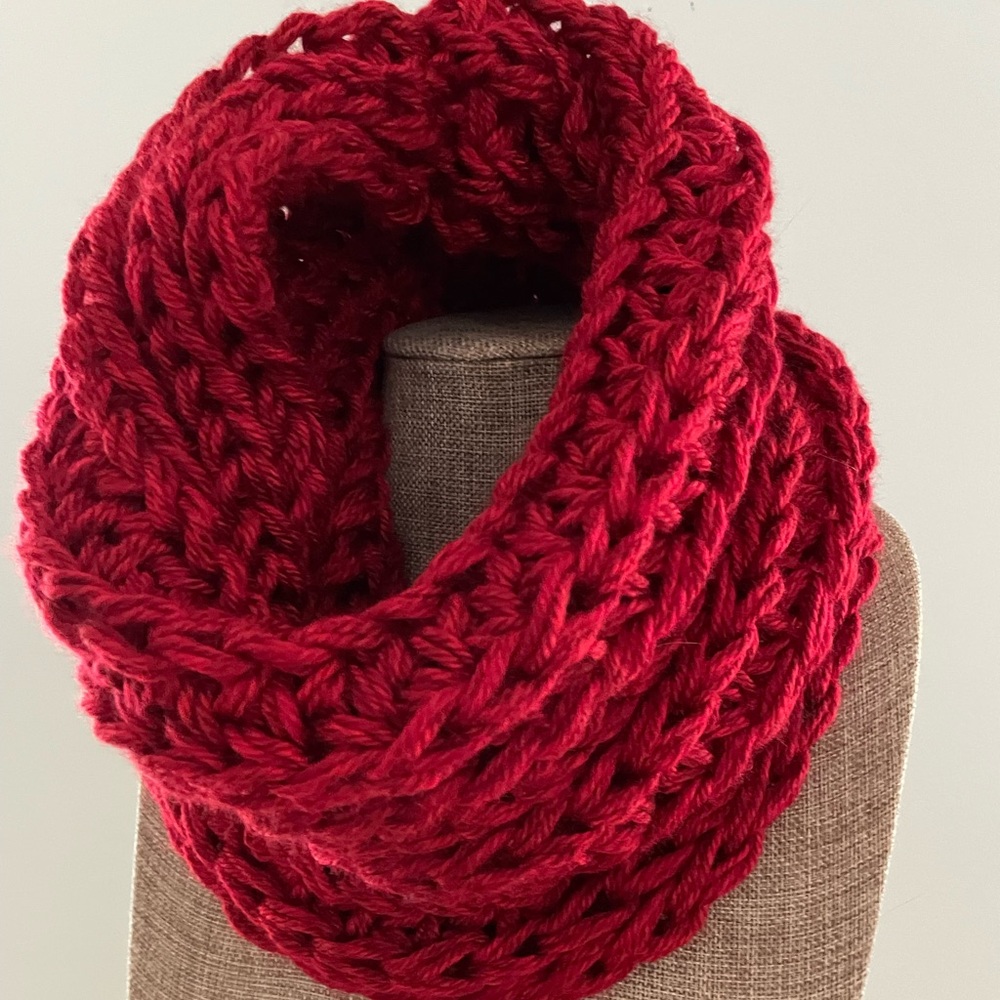 Cozy Red Knit Infinity Scarf large warm non scratchy hand knitted